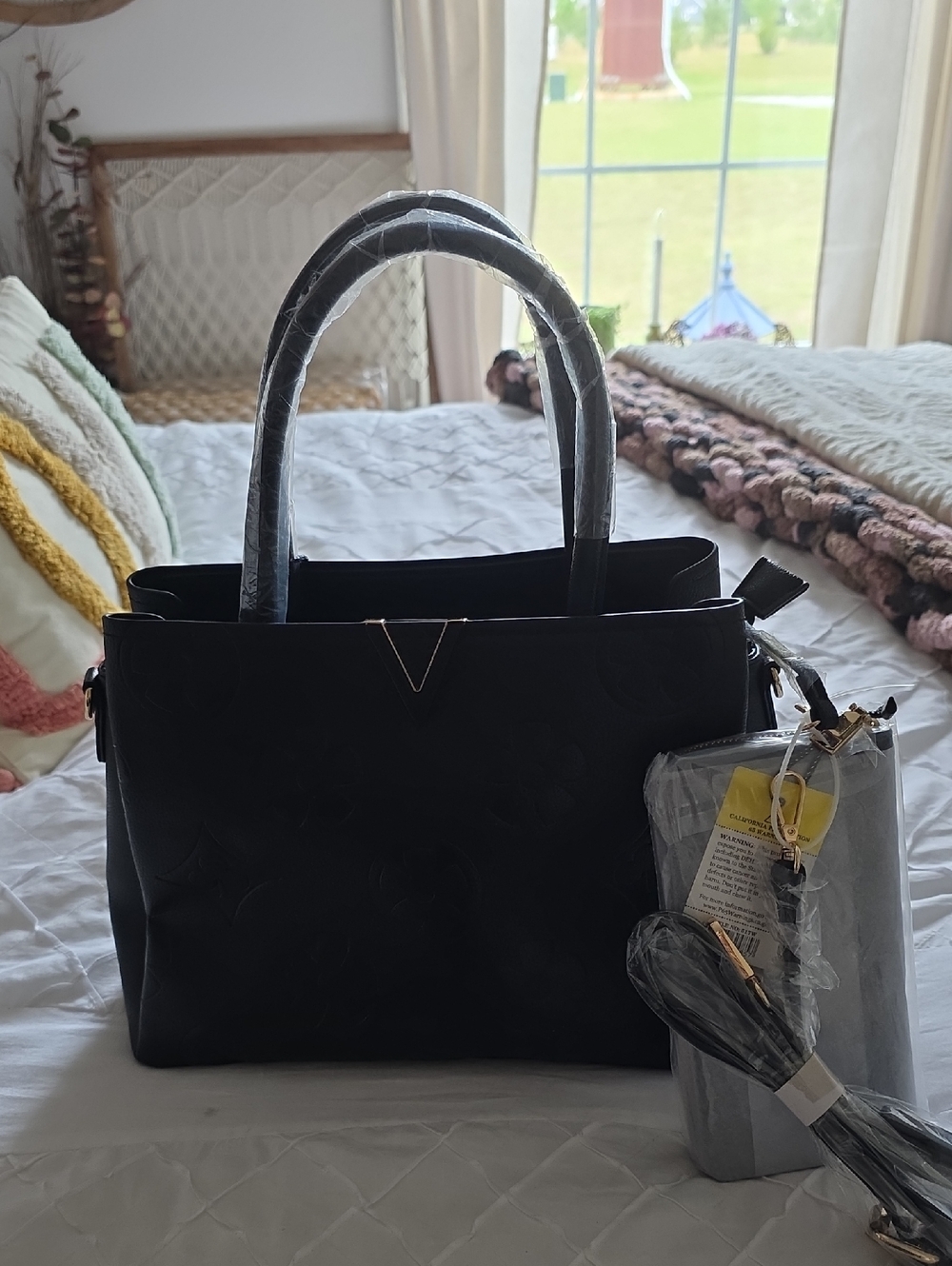 Structured Black Satchel Tote with Detachable Strap Comes With Matching Wallet
